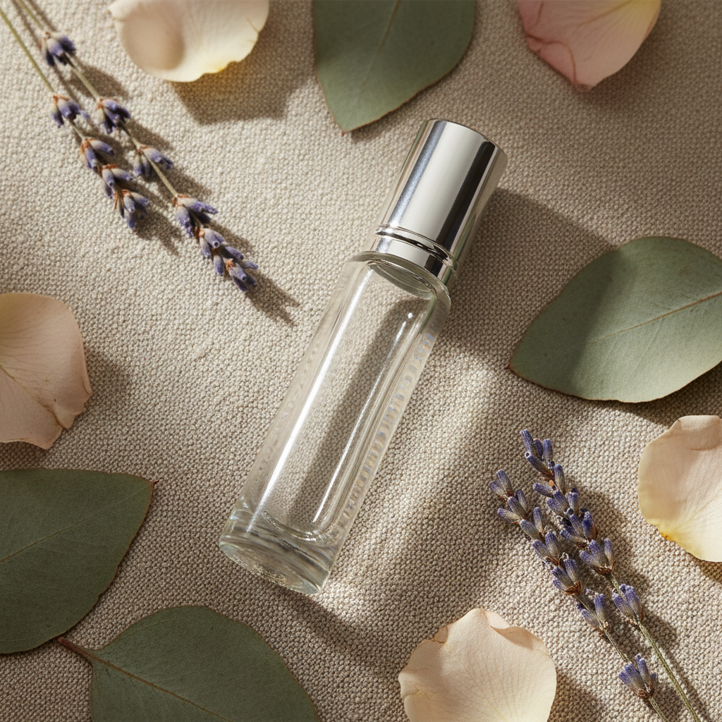 rollerball bottle with clear liquid flat lay on tan fabric
