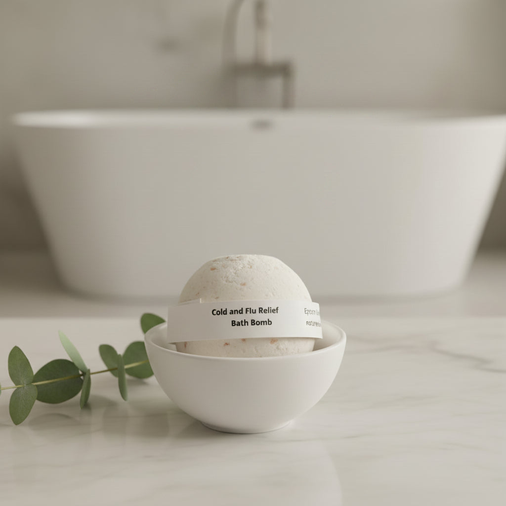 Extra large bath bombs labeled 'Cold and Flu Relief Bath Bomb', with a creamy white color and speckled with colors, placed on a marble surface in a bowl.