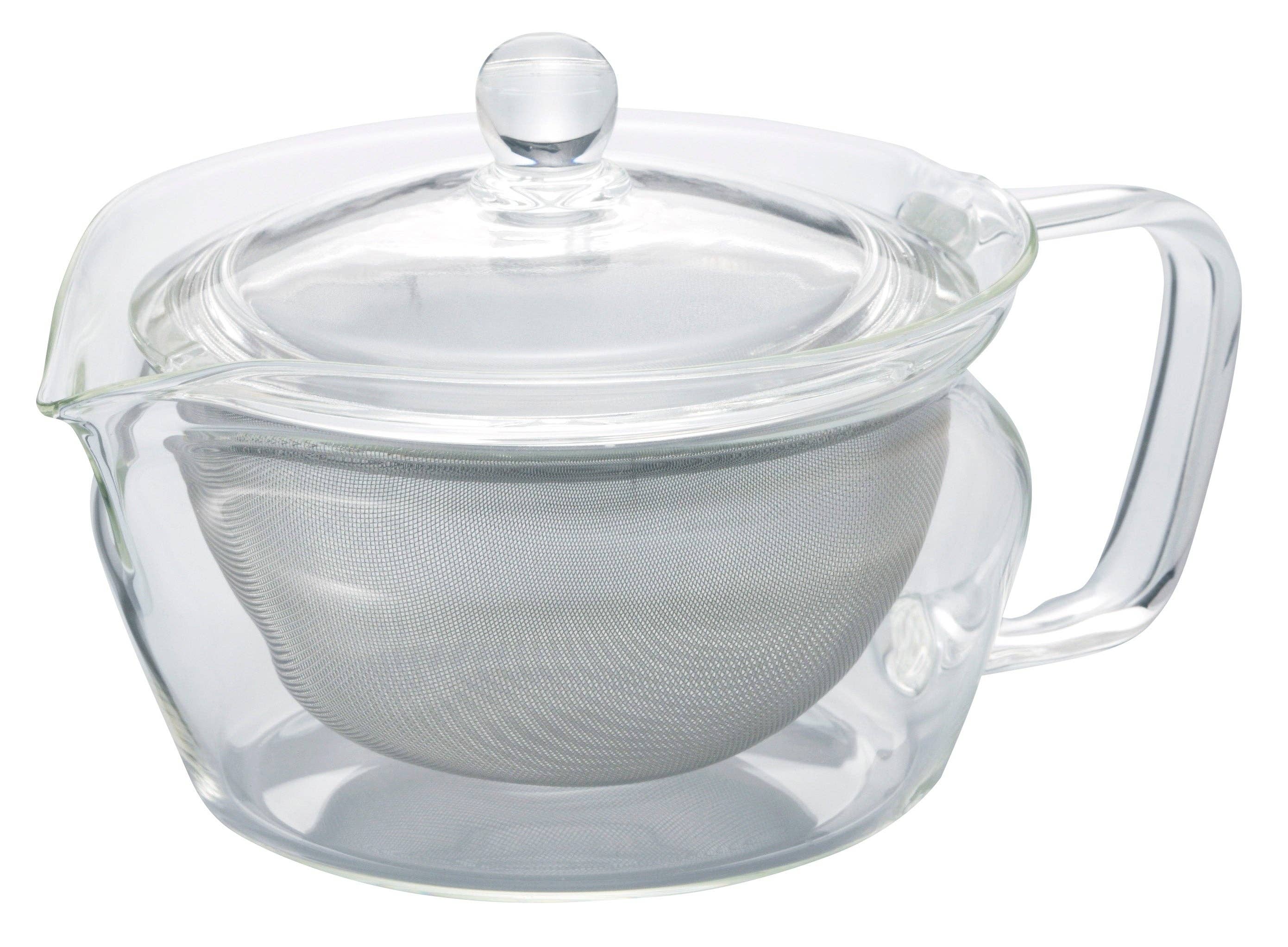 Clear glass teapot with a lid and mesh filter on a white background