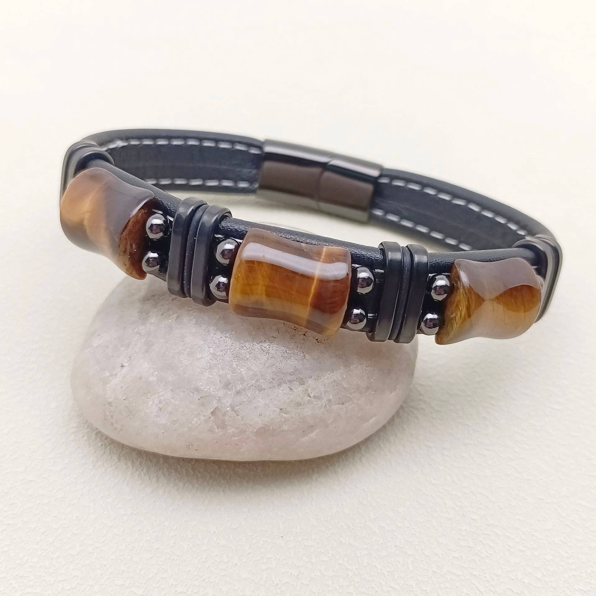 Tiger's Eye Stone Charm Men's Leather Bracelet