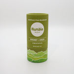 Green deodorant stick with 'Humble' branding on a white background
