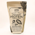 Anima Mundi cream color package with "Chocolate Protein" on front of bag