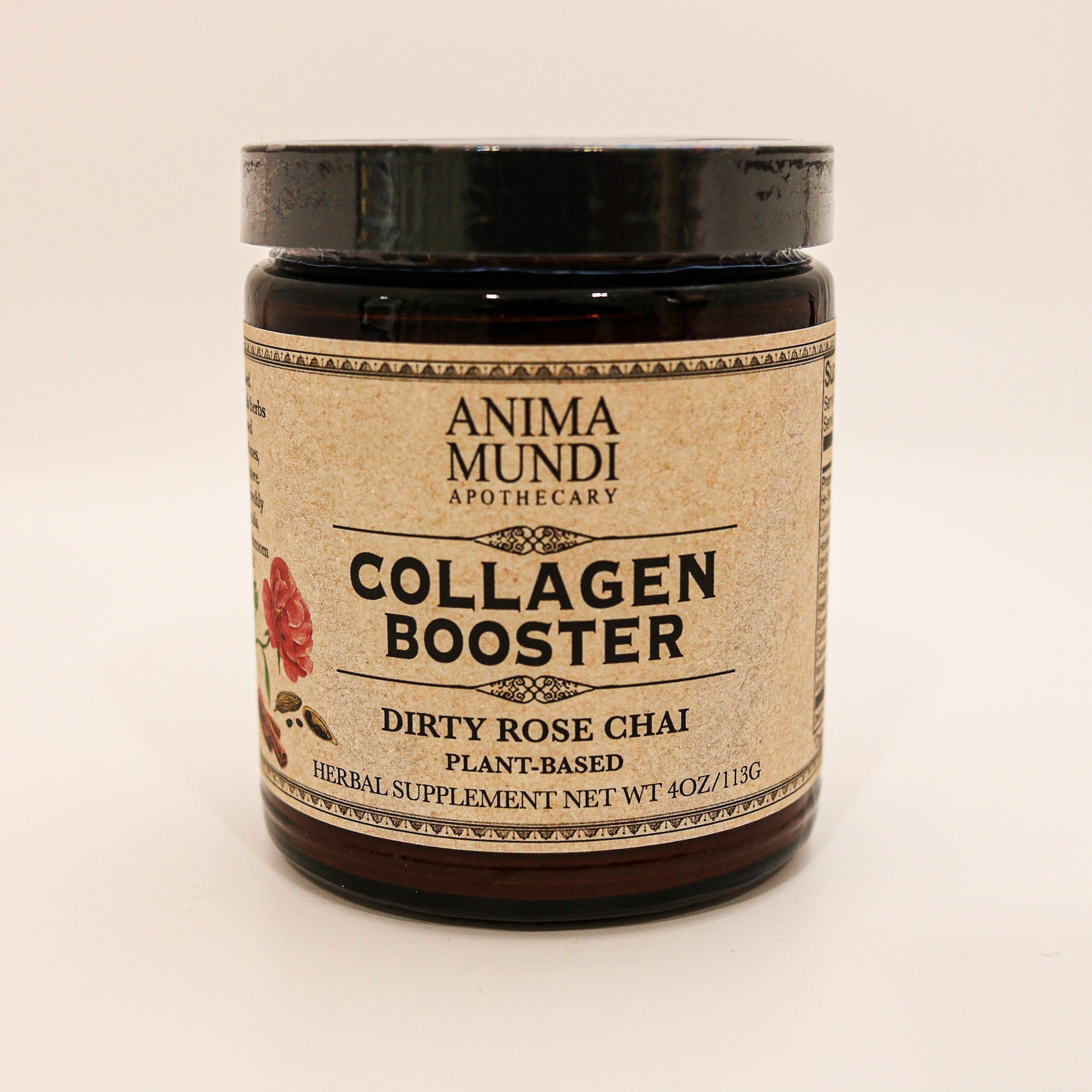 Anima Mundi brand dark jar on beige background with "Collagen Booster" on label