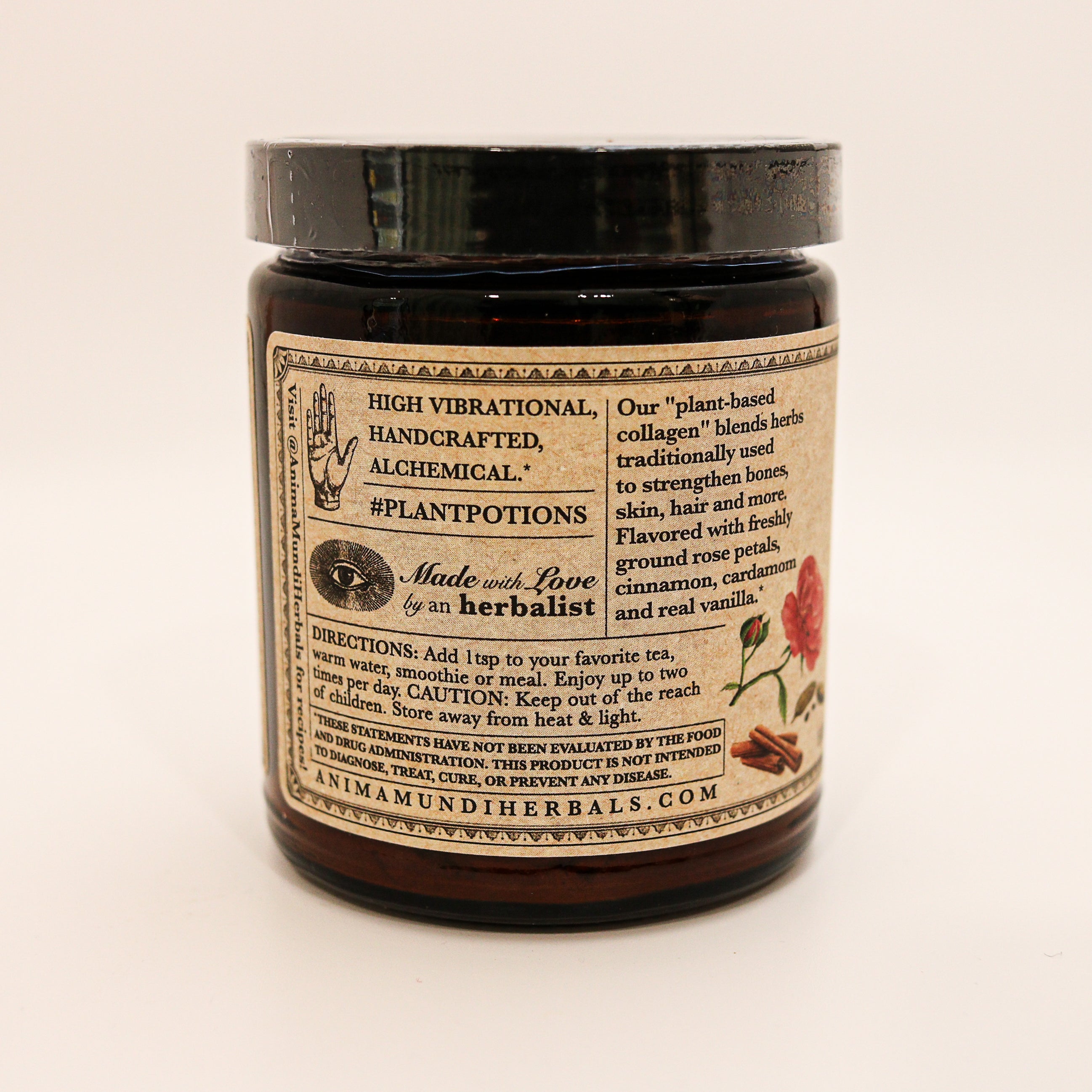 Jar of plant-based collagen with a detailed label on a beige background