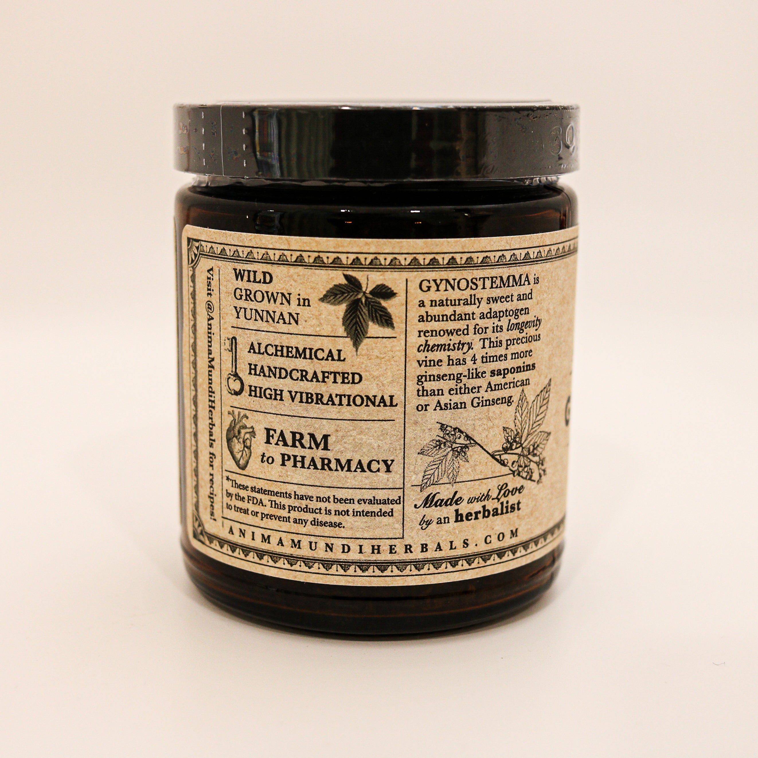 Jar of herbal product with a detailed label on a beige background