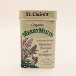 St. Claire's Organic MerryMints tin on a beige background