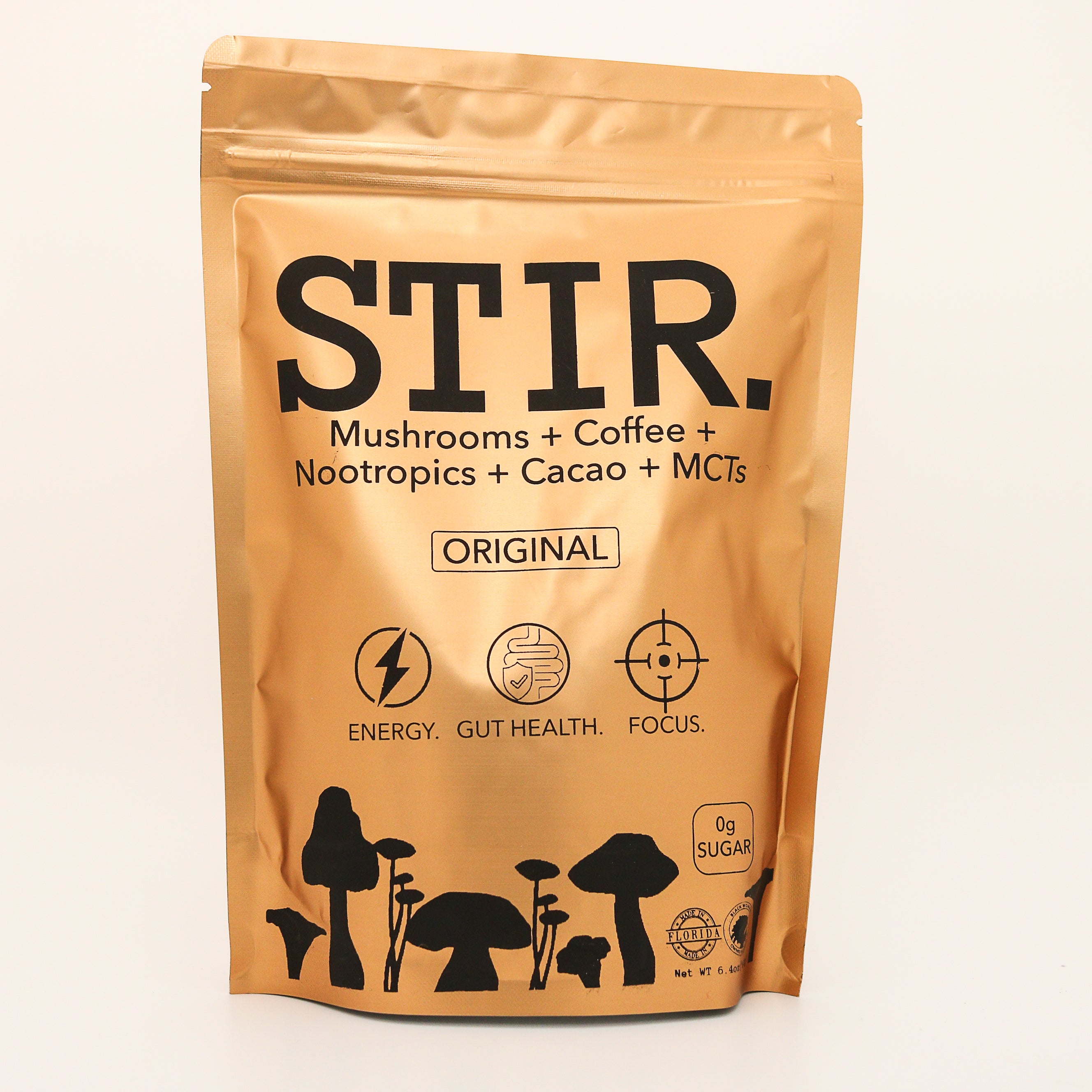 Package of 'STIR' with mushroom illustrations on a beige background