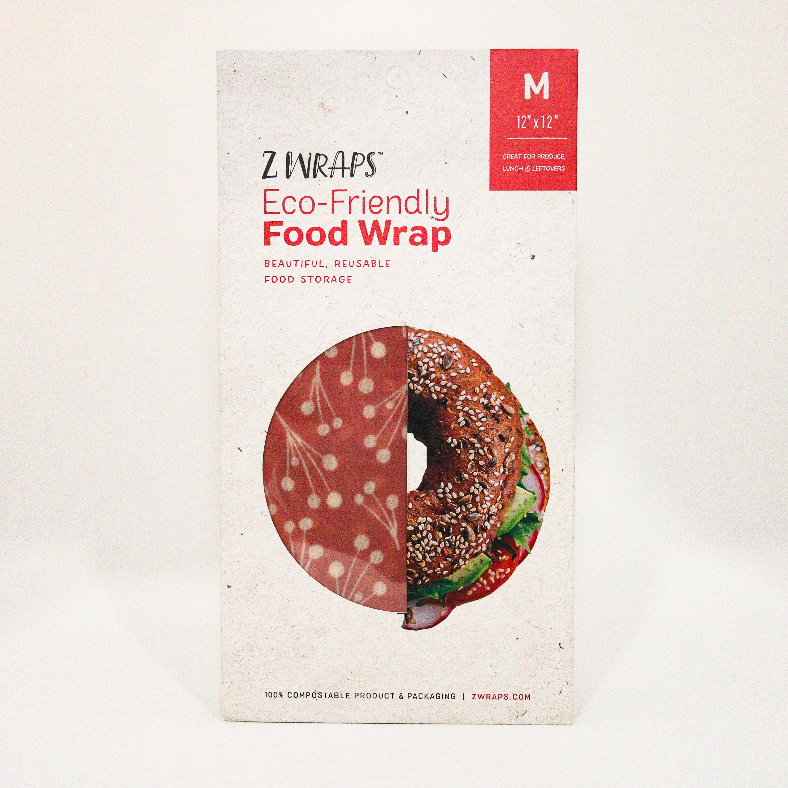 Z Wraps eco-friendly pinkish beeswax food wrap packaging with a bagel illustration on a white background