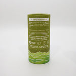 Green cylindrical container with text on a white background