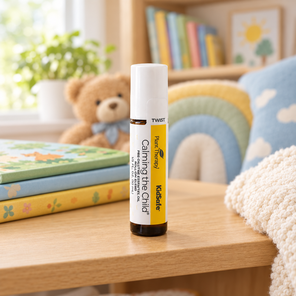 Plant Therapy Calming the Child KidSafe essential oil roller on a wooden table with picture books, a teddy bear and pastel rainbow cushions.