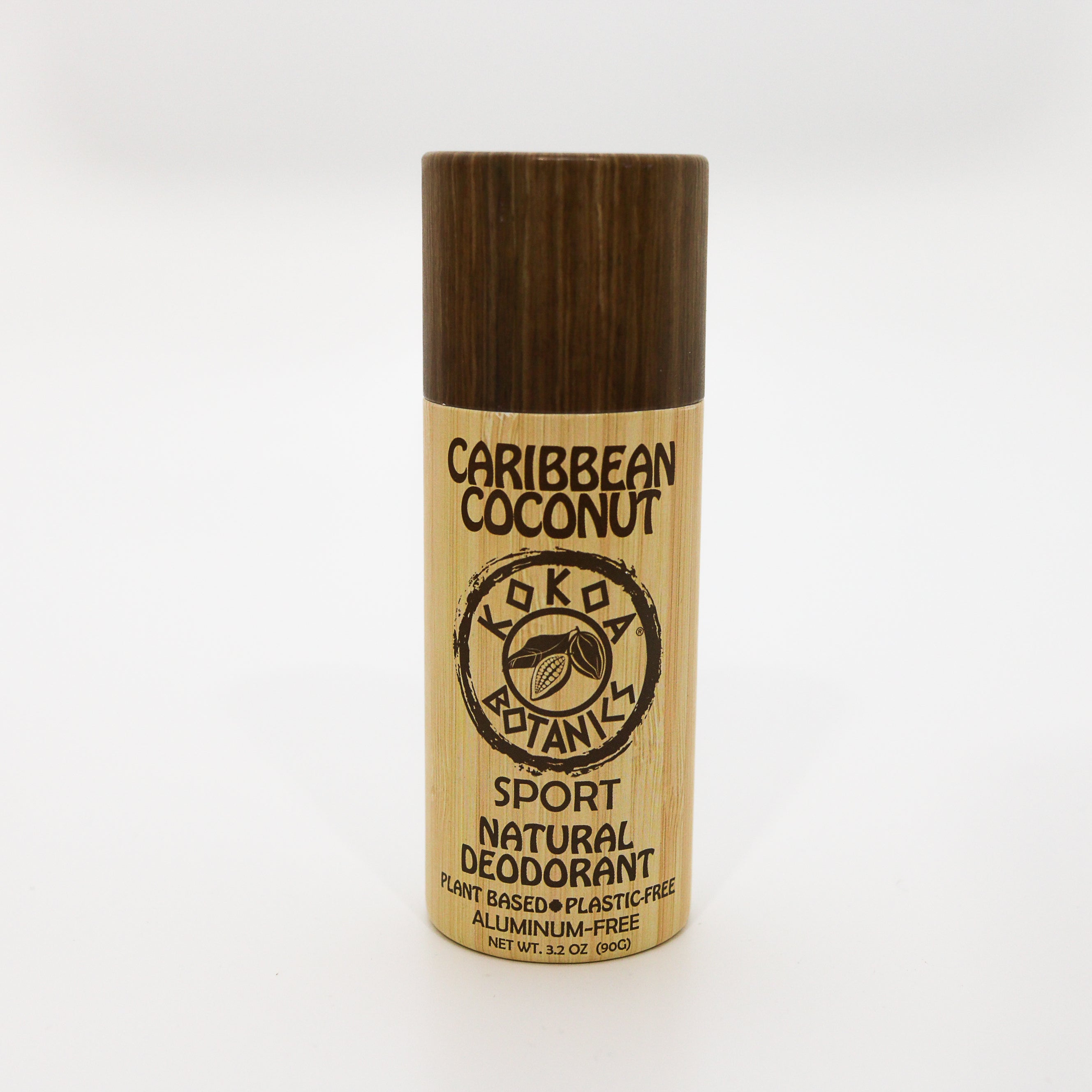 Deodorant stick with 'Caribbean Coconut' flavor on a white background