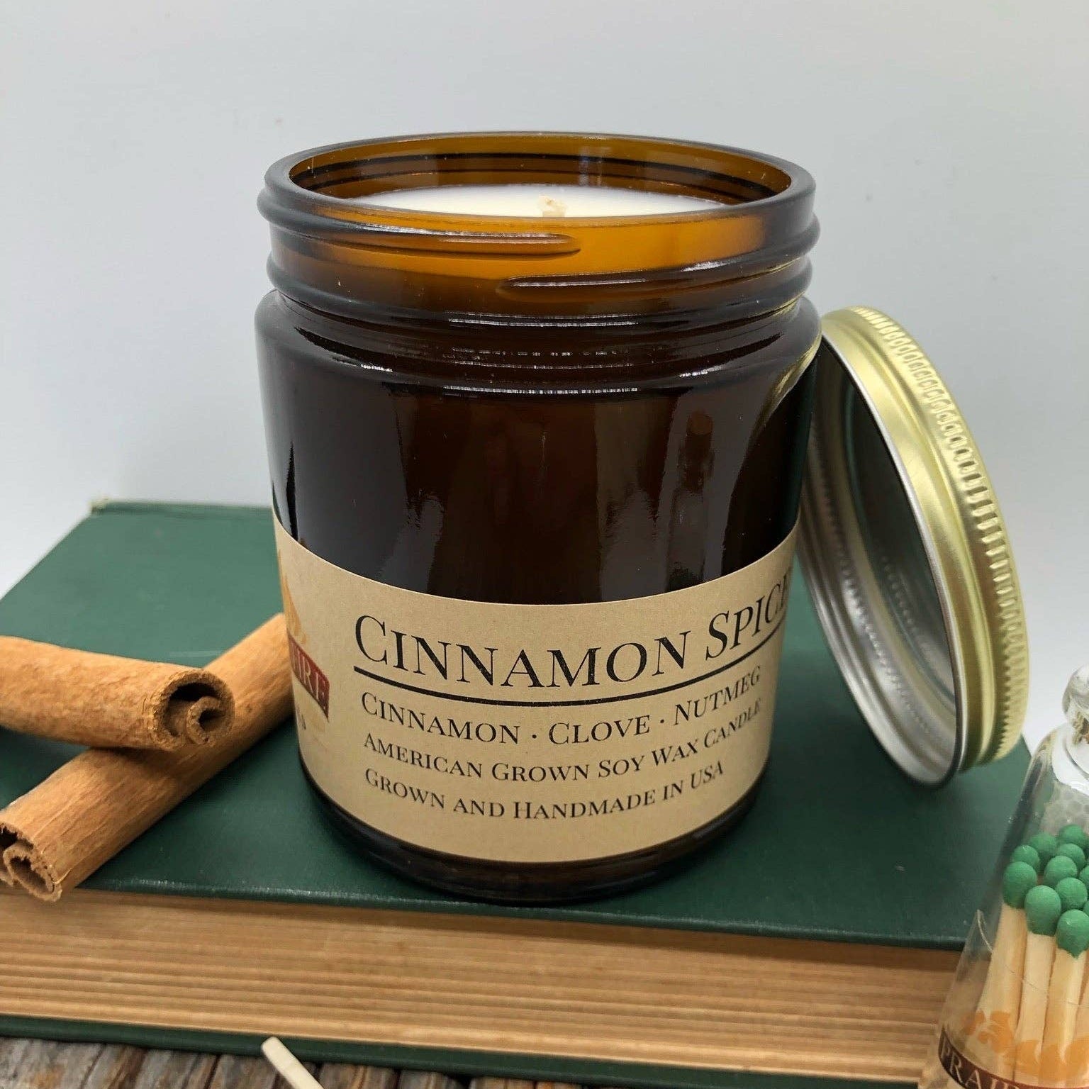 Cinnamon Spice Soy Candle | Strong Spiced Cinnamon Scent | 9 oz Amber Apothecary Jar | Natural Soy Wax Candle
