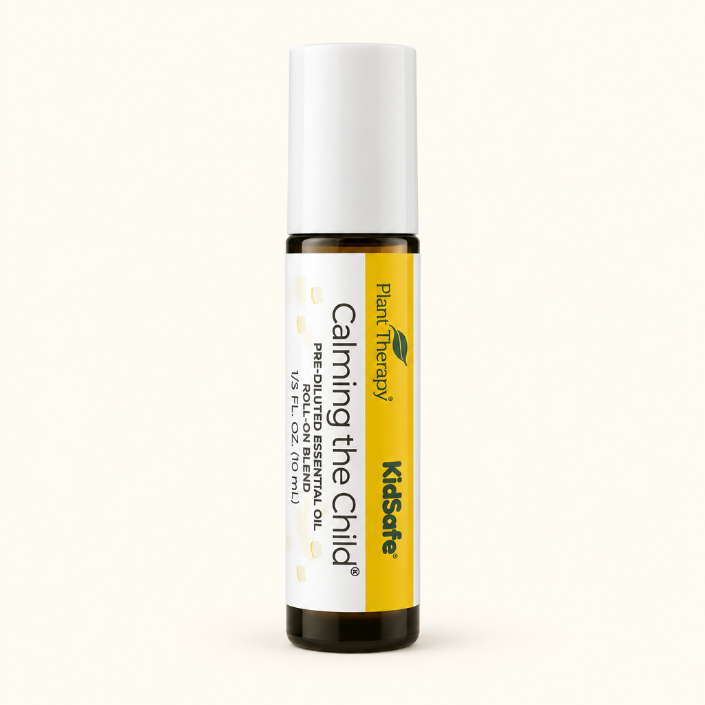 Plant Therapy Calming the Child KidSafe essential oil roller with a white cap and yellow-and-white label on a clean ivory background.