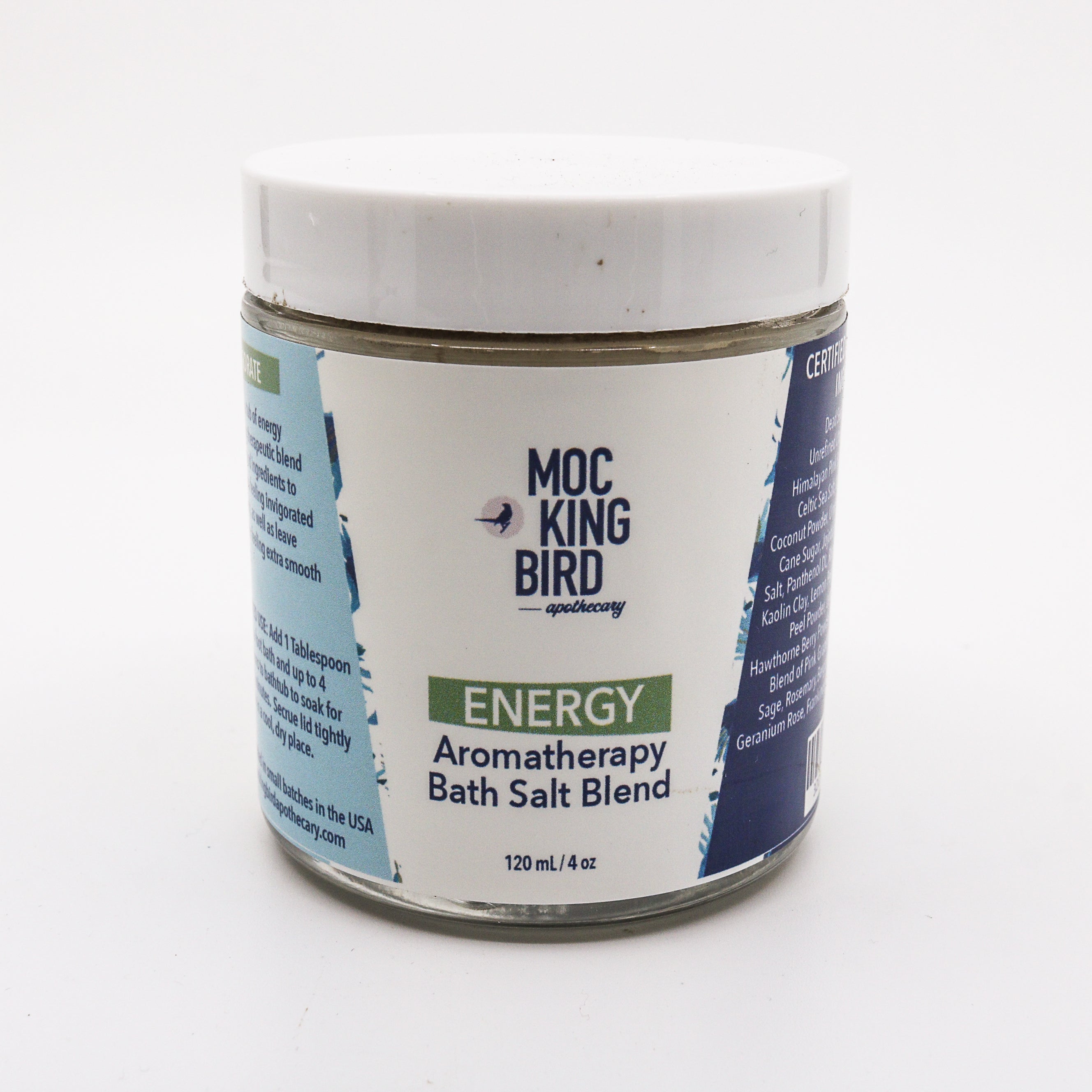 Jar of MocKingBird Aromatherapy Bath Salt Blend on a white background