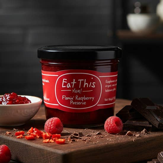 Jar of raspberry preserve with a red label on a wooden surface with raspberries and chocolate.