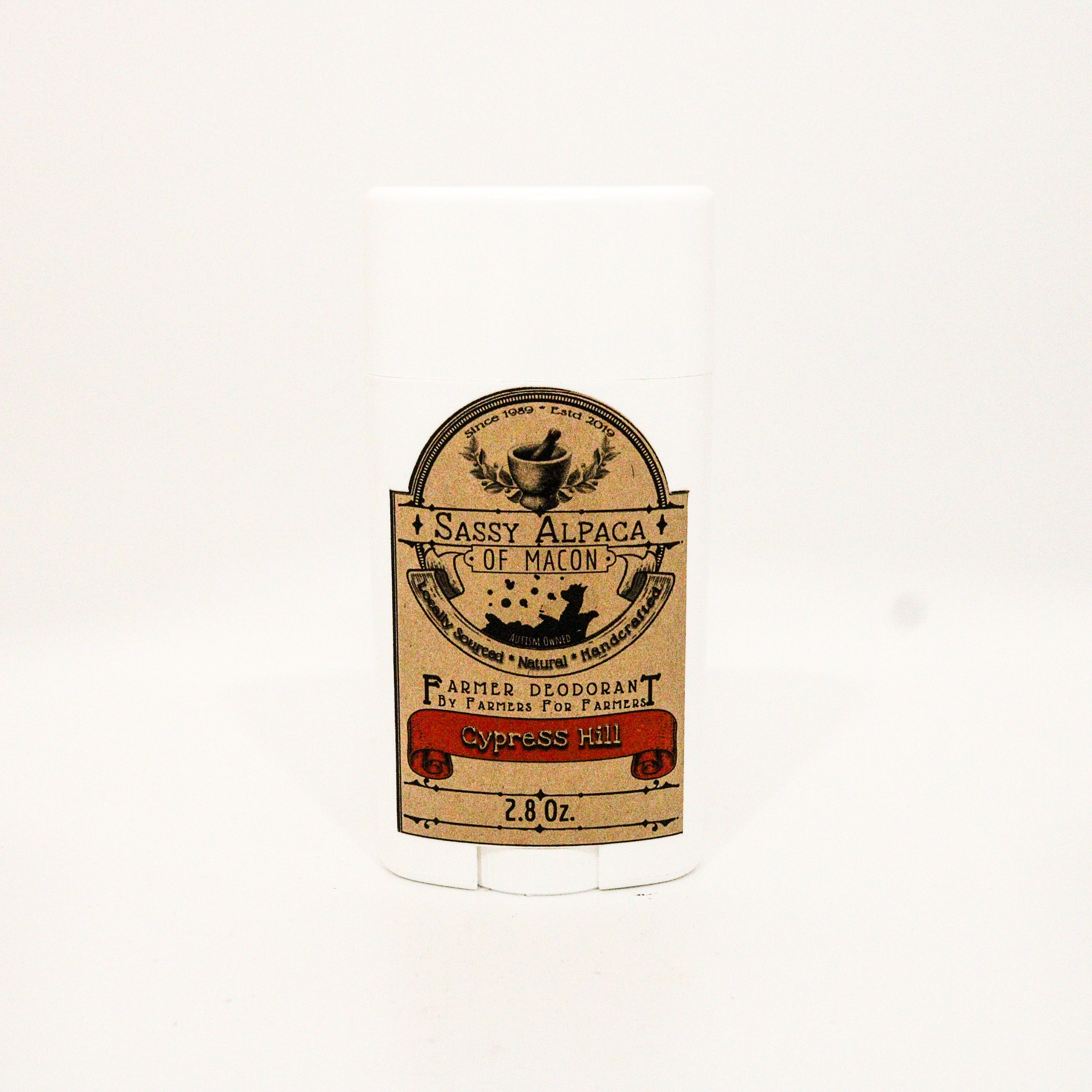 white container with label Sassy Alpaca farmer deodorant by farmers for farmers cypress hill