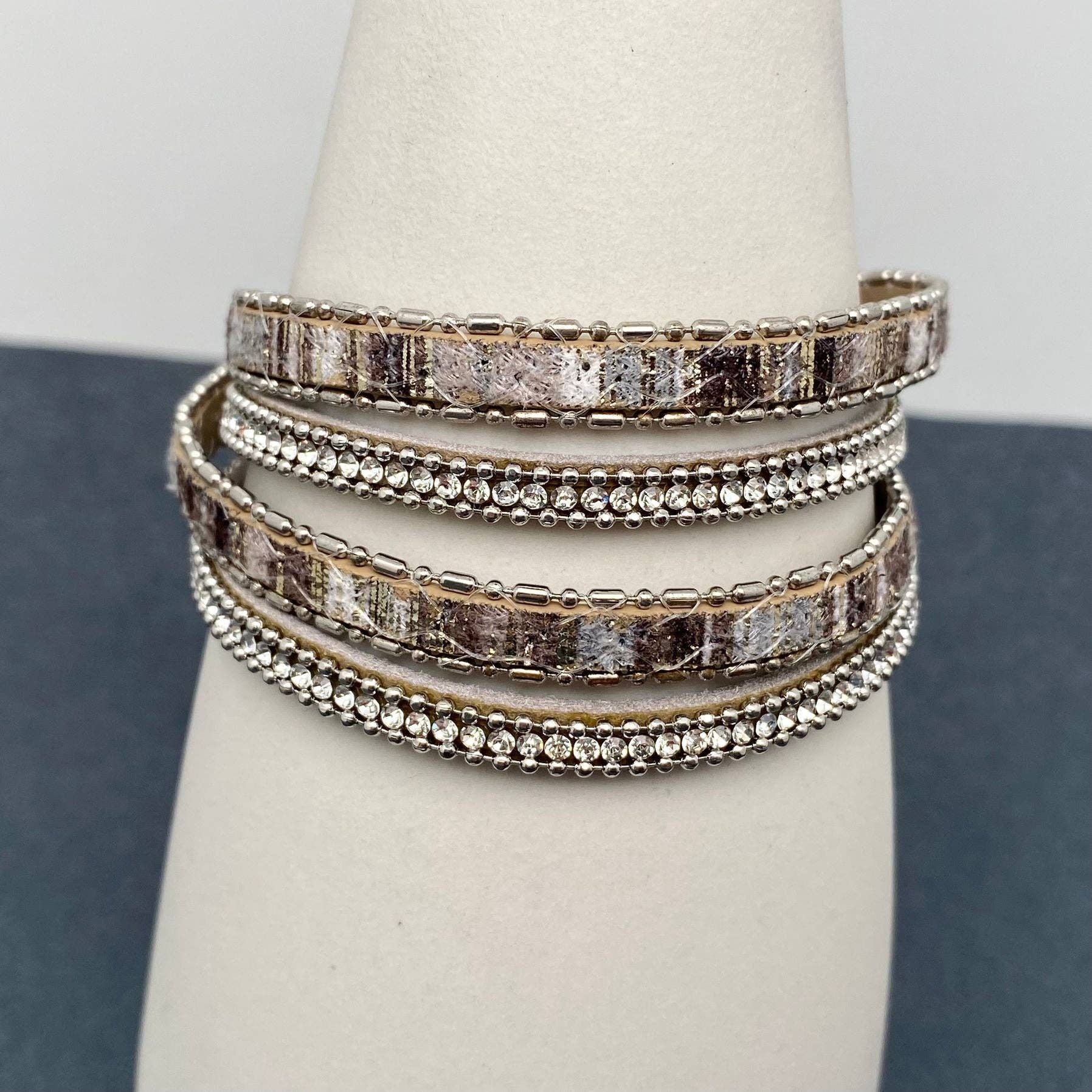 BOHO Rhinestone & Sparkle Silver Leather Woven Double Layered Bracelet