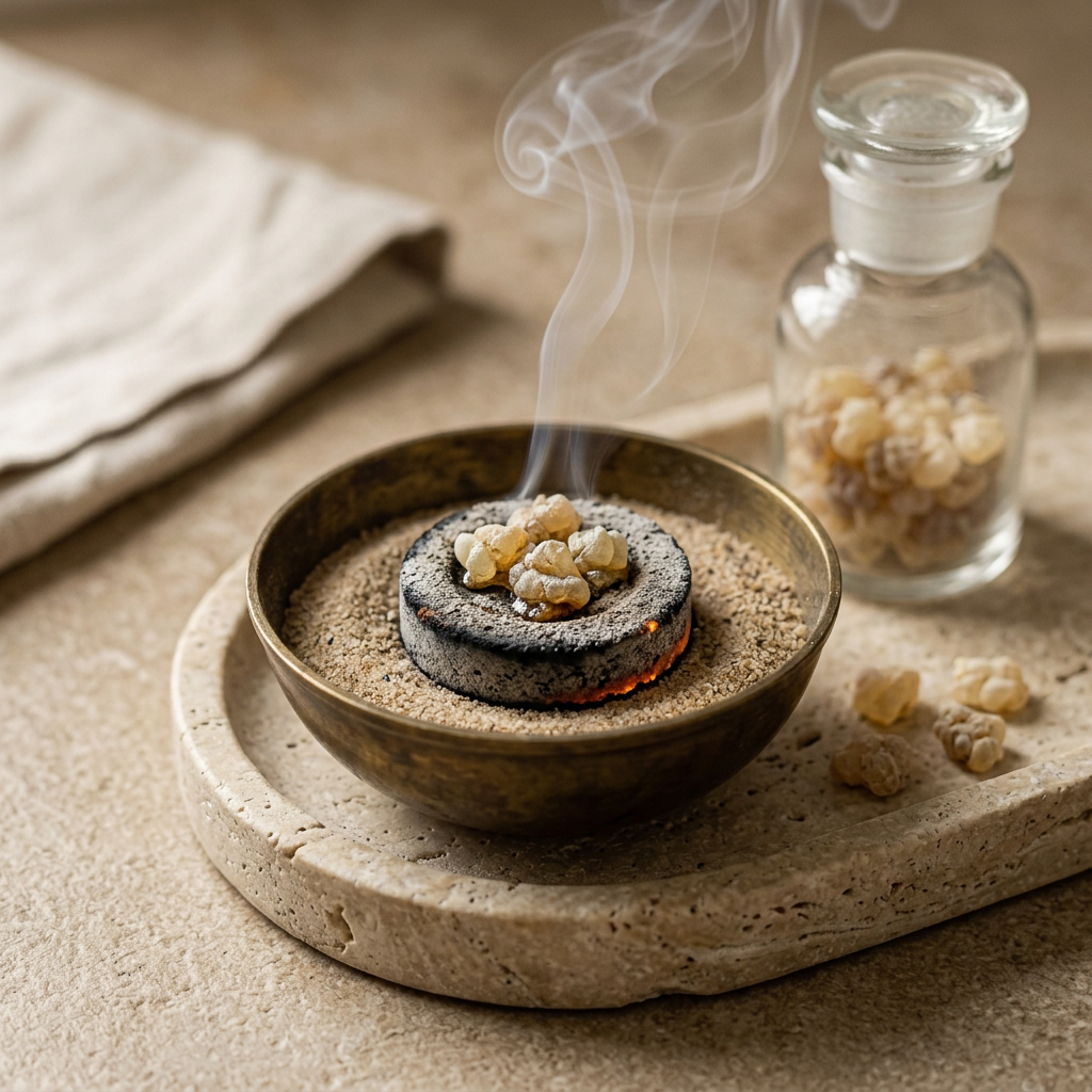 Frankincense resin smoldering on charcoal in a brass incense burner
