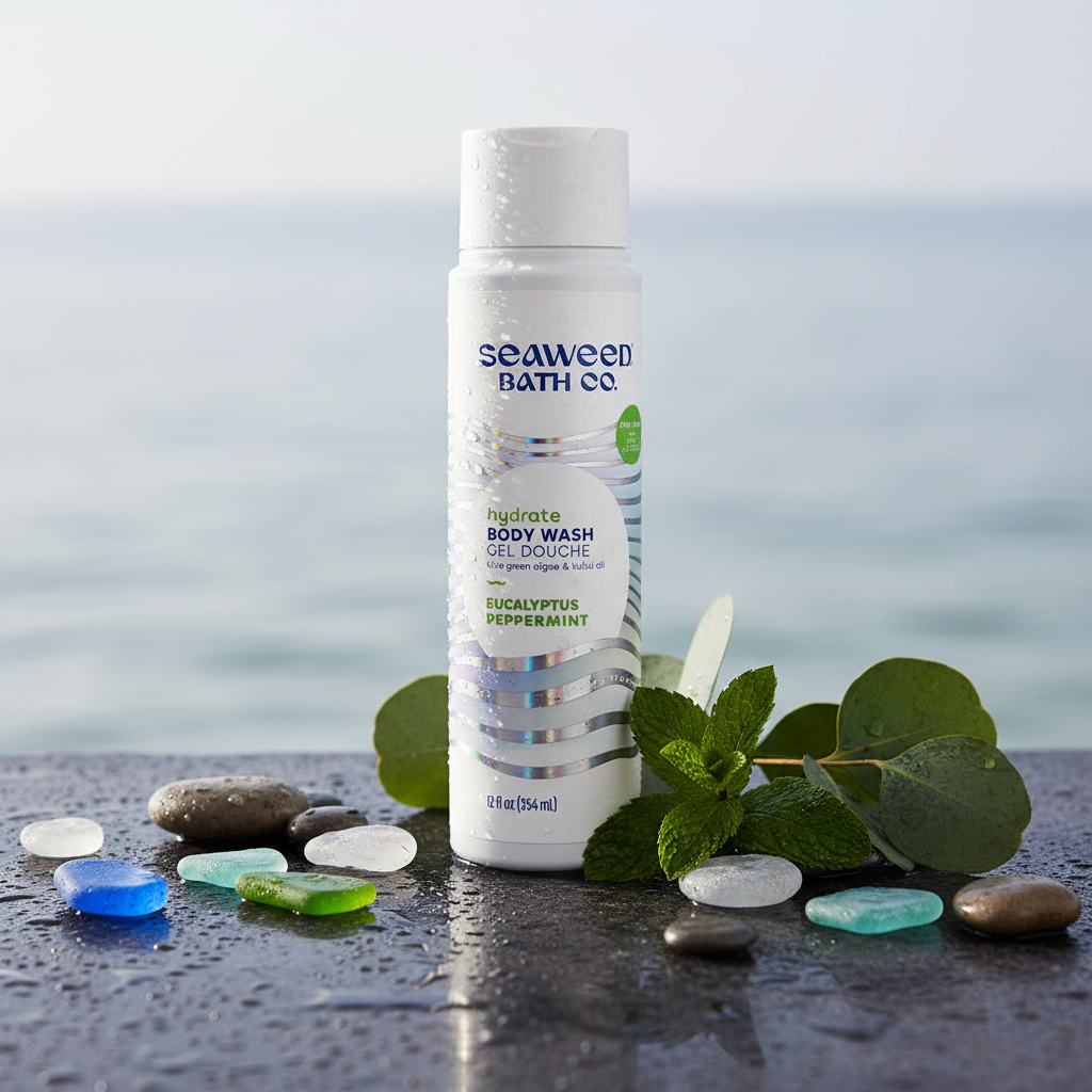 A bottle of Seaweed Bath Co Hydrate Body Wash stands on a wet dark surface with decorative stones, eucalyptus leaves, and mint leaves, against a blurred ocean background.