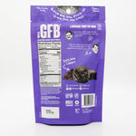 Purple package of gluten-free snacks with text and graphics on a white background