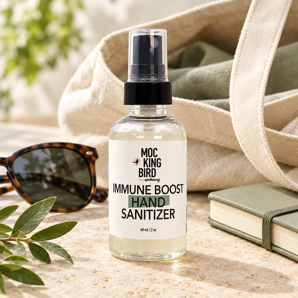 Mockingbird Apothecary Immune Boost Hand Sanitizer beside a canvas tote, sunglasses, sage-green notebook and leafy sprig on a stone surface.