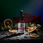 Bandits Essential Oil Blend – moody editorial with dark surface and dried botanicals