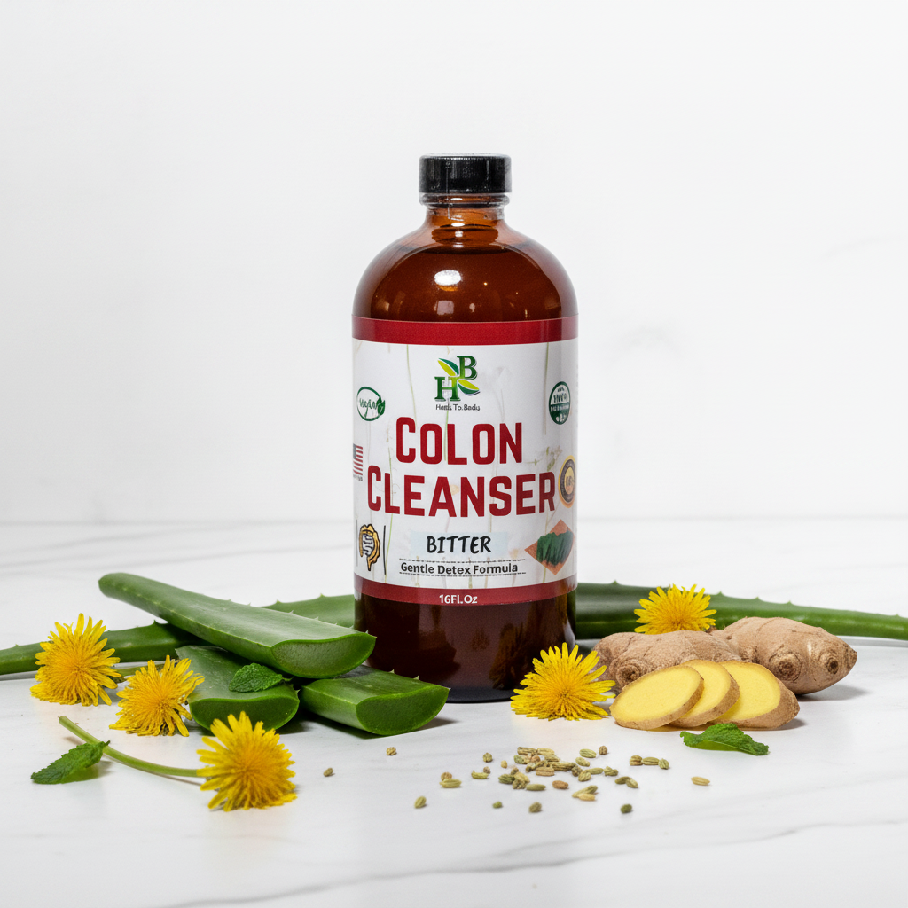 Herb To Body Colon Cleanser Bitter styled with aloe vera, dandelion, ginger, and fennel on marble