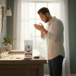 Frank deodorant on bathroom vanity with Middle Eastern man getting ready in background