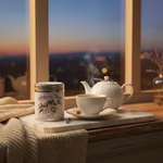 Calm Herbal Tisane tin with white porcelain teapot and teacup on marble tray with lavender sprig at dusk