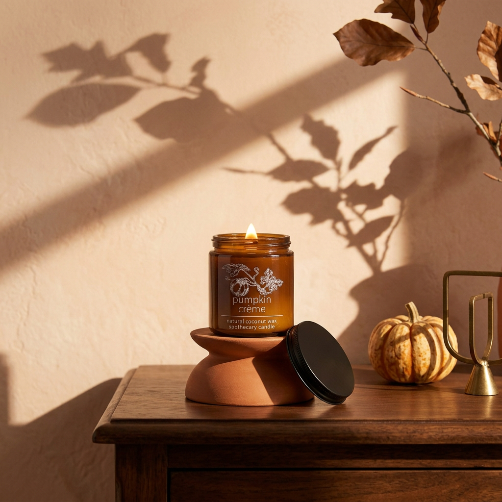 Pumpkin Crème amber candle with a black lid on a terracotta pedestal and walnut console in golden autumn light