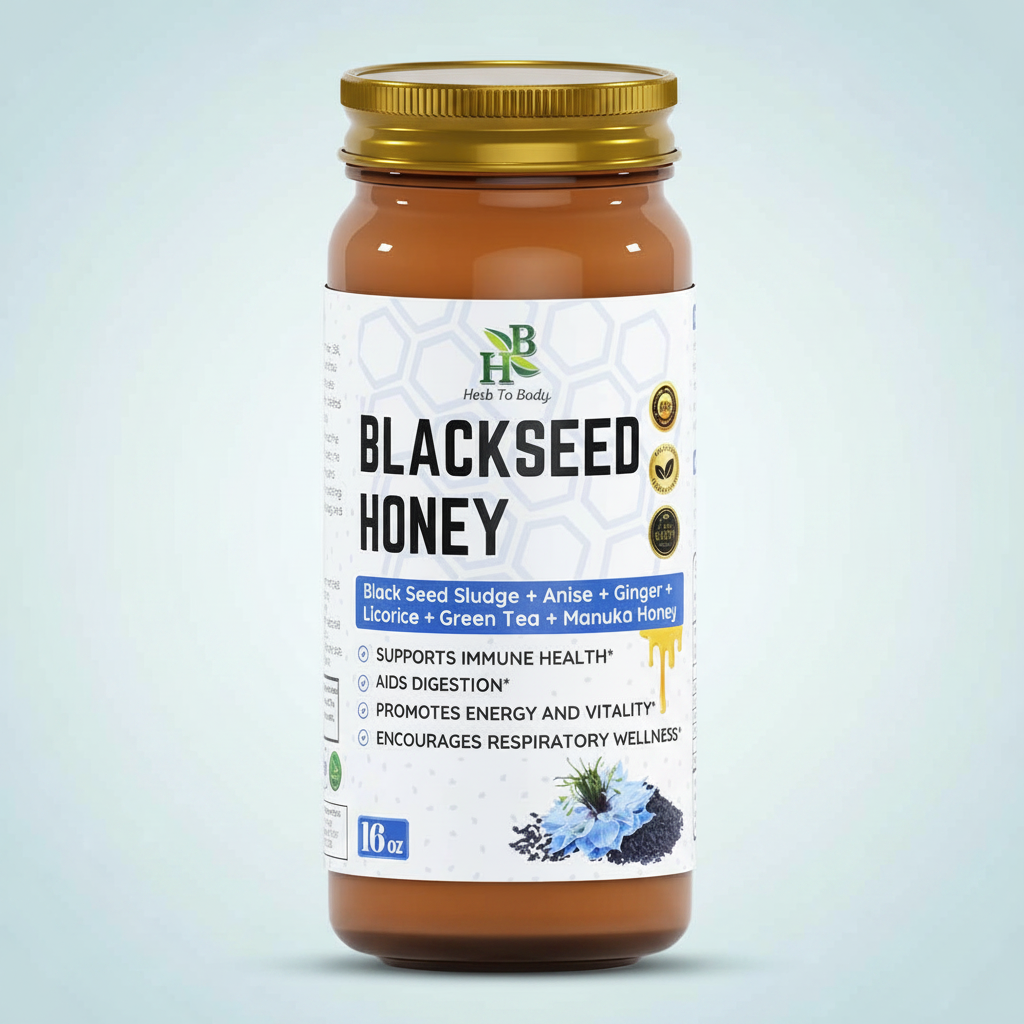 Herb To Body Black Seed Honey jar on pale cool blue background
