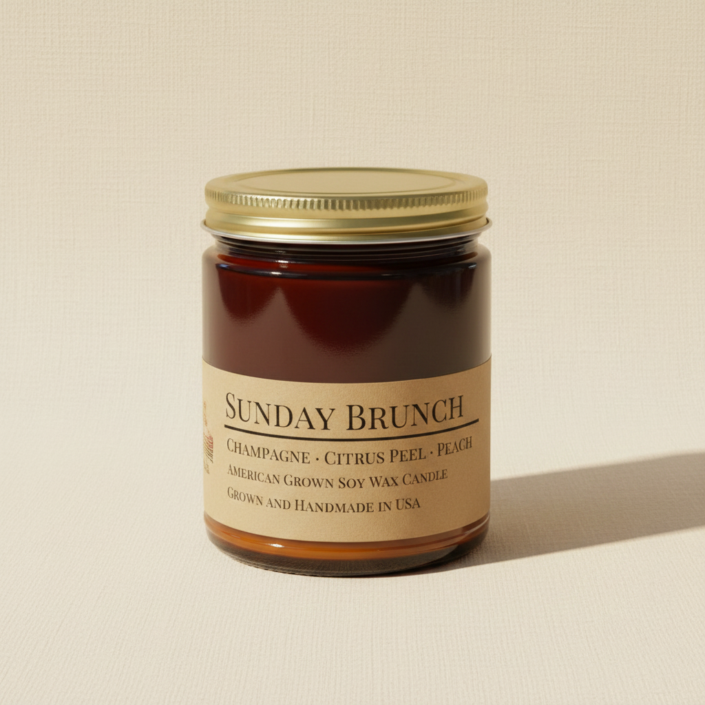 Sunday Brunch soy candle in amber apothecary jar on warm cream linen background with shadow