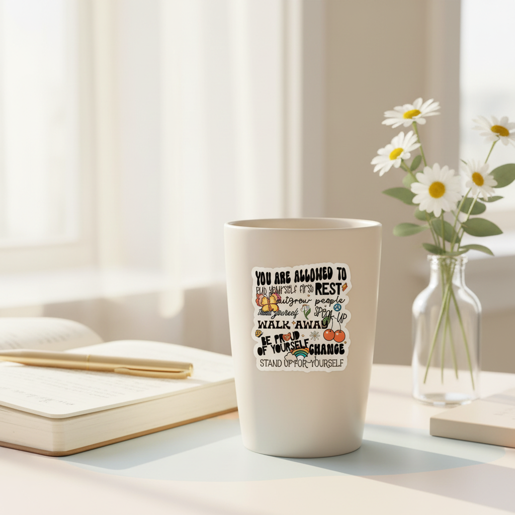 Self-empowerment vinyl sticker on a ceramic travel mug with journal and flowers nearby