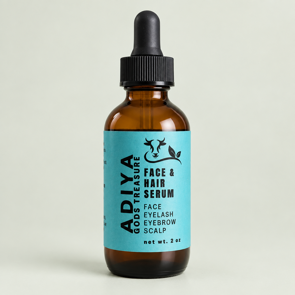 Adiya God's Treasure tallow and herbal hair serum in an amber dropper bottle with a turquoise label on a pale sage background.