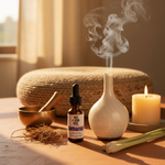 Catharsis Essential Oil Blend – lifestyle with Glass Wave Diffuser in meditation corner with singing bowl and terracotta