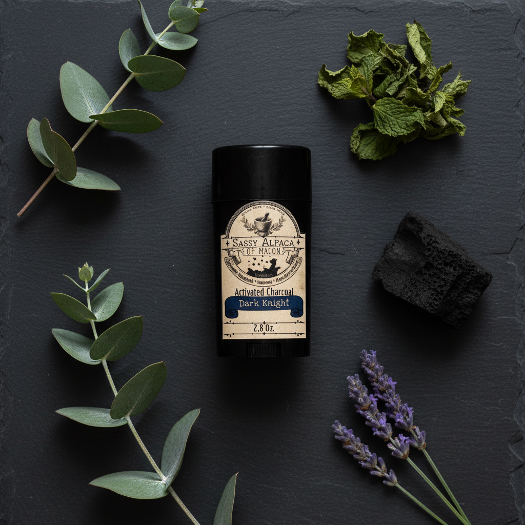 Dark Knight charcoal magnesium deodorant flat lay on slate with eucalyptus, spearmint and activated charcoal