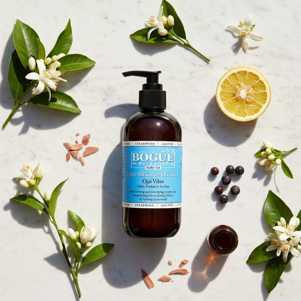 Bogüe Milk Soap No.29 Ojai Vibes – lifestyle flat lay with bergamot, orange blossom, neroli, cedarwood and juniper