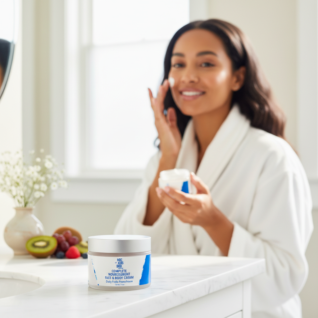 Fruit Superfood Face & Body Cream lifestyle with radiant woman applying cream in bright morning bathroom