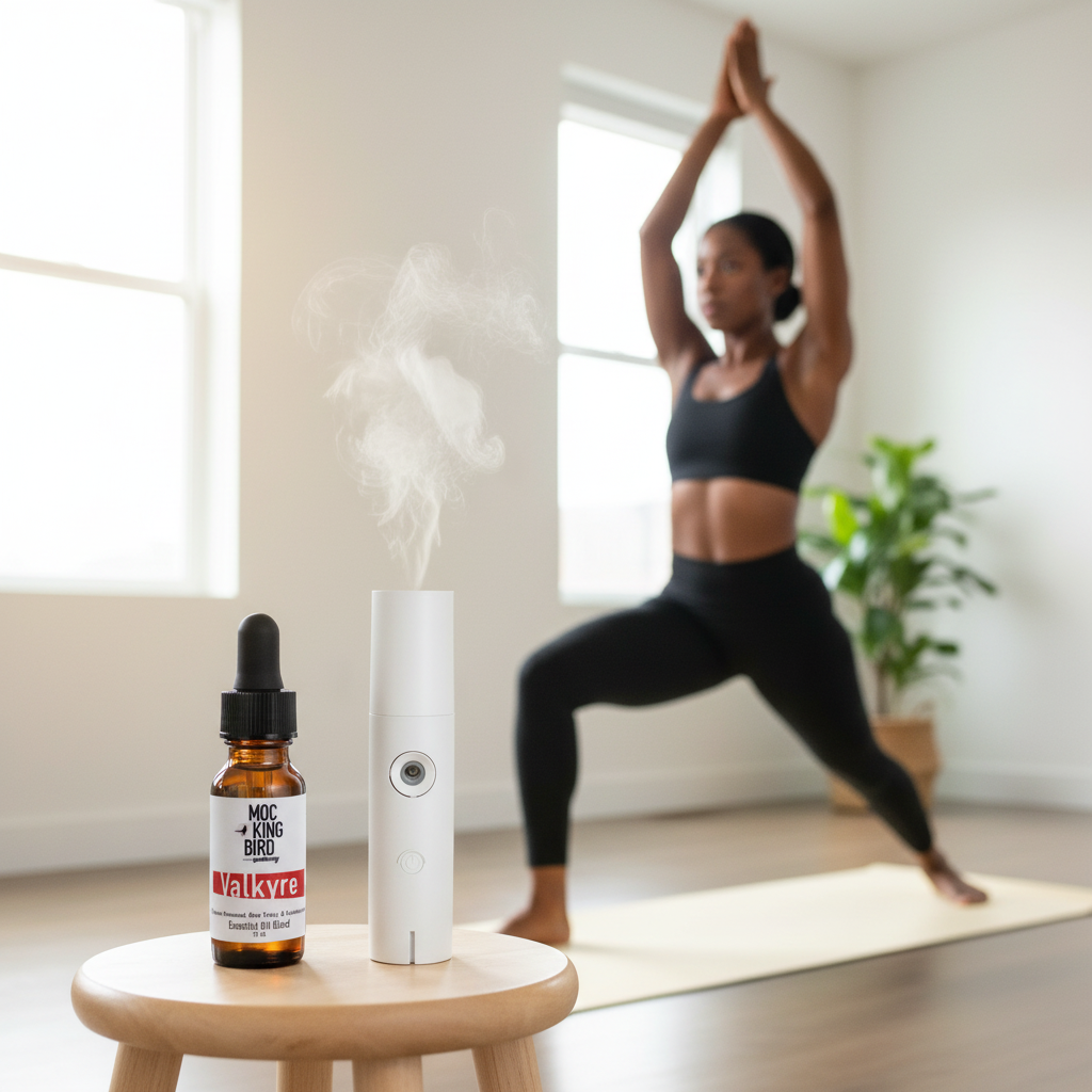 Valkyrie Essential Oil Blend – lifestyle with Wandor Diffuser, strong Black woman in warrior yoga pose in home gym