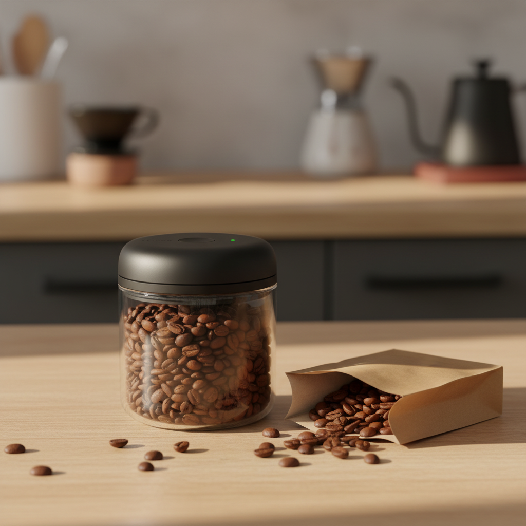 Fellow Electric Atmos compact clear glass 0.7L vacuum canister on wood surface beside kraft coffee bag and scattered coffee beans