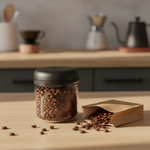 Fellow Electric Atmos compact clear glass 0.7L vacuum canister on wood surface beside kraft coffee bag and scattered coffee beans
