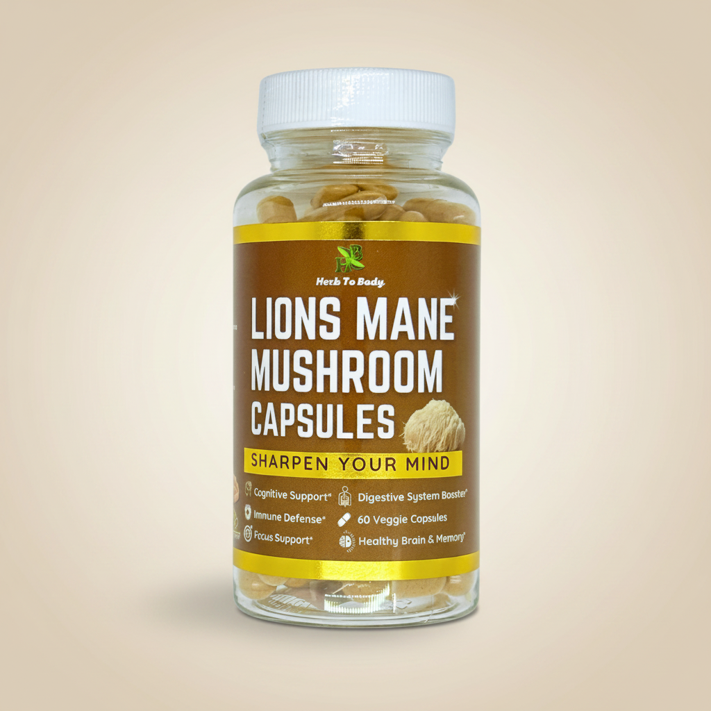 Herb To Body Lion's Mane Mushroom Capsules on pale earthy tan background