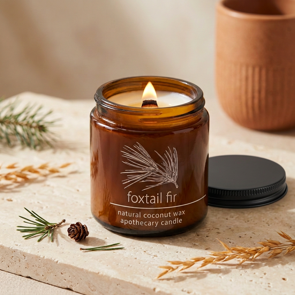 Lit Foxtail Fir amber apothecary candle with a ridged black lid on a warm stone tabletop with evergreen accents