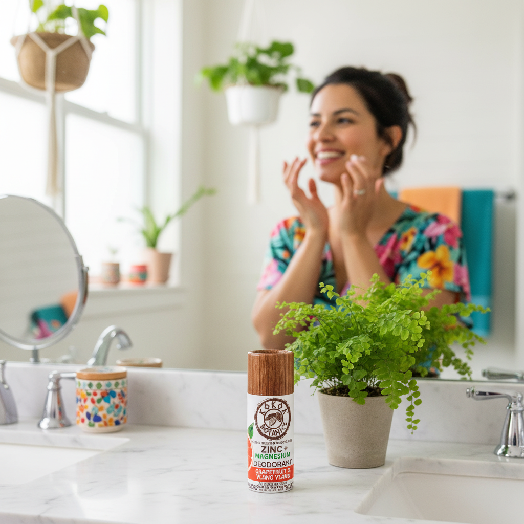 Grapefruit & Ylang Ylang deodorant on bathroom vanity with Latina woman getting ready in bright cheerful bathroom