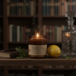 Hemingway candle on library shelf with leather journal, oak moss, lemon and vintage glass decanter