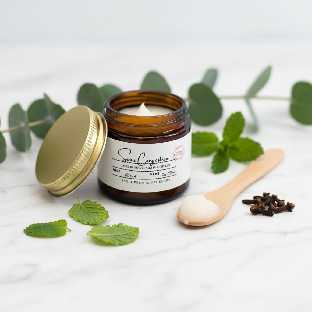 Eucalyptus & Herb Sinus Salve jar with lid leaning, wooden spatula with clear salve and herbs on marble