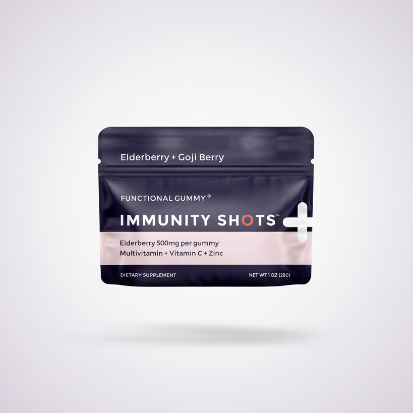 Immunity Shots Elderberry & Goji Berry gummy pouch – clean hero shot on pale lavender-white background