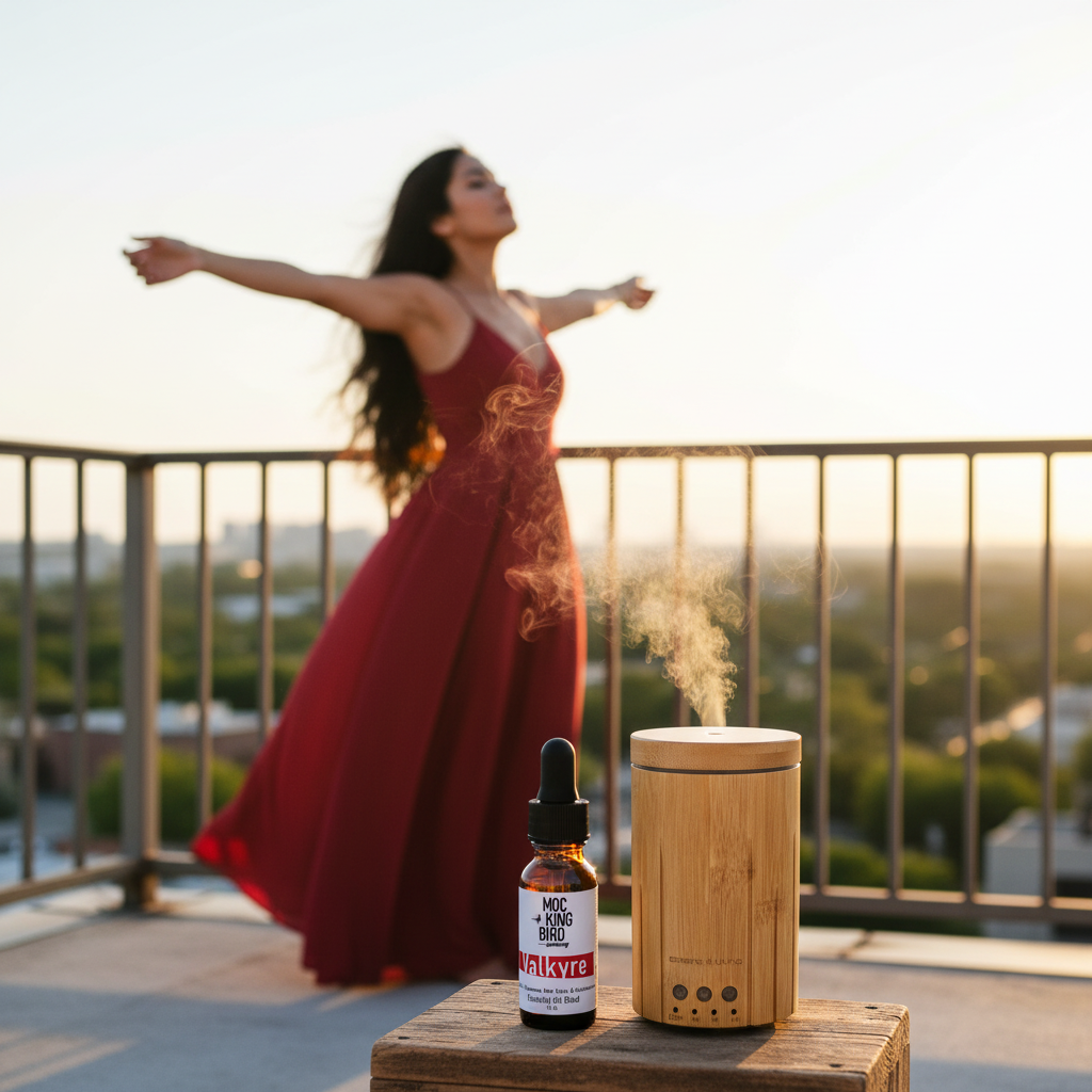 Valkyrie Essential Oil Blend – lifestyle with Bamboo Diffuser, Latina woman in red dress on golden hour rooftop