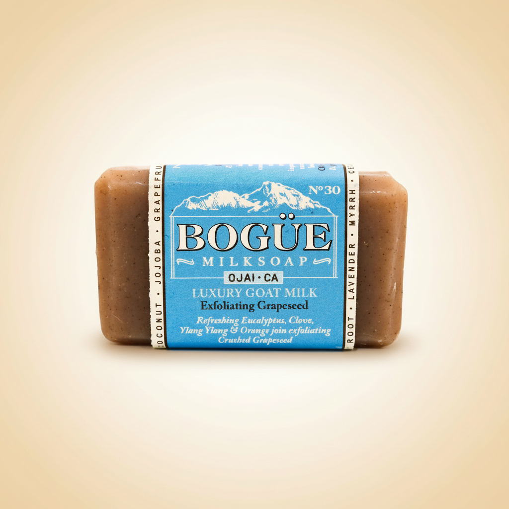 Bogüe Milk Soap No.30 Grapeseed Exfoliating Goat Milk Bar Soap – hero on warm amber background