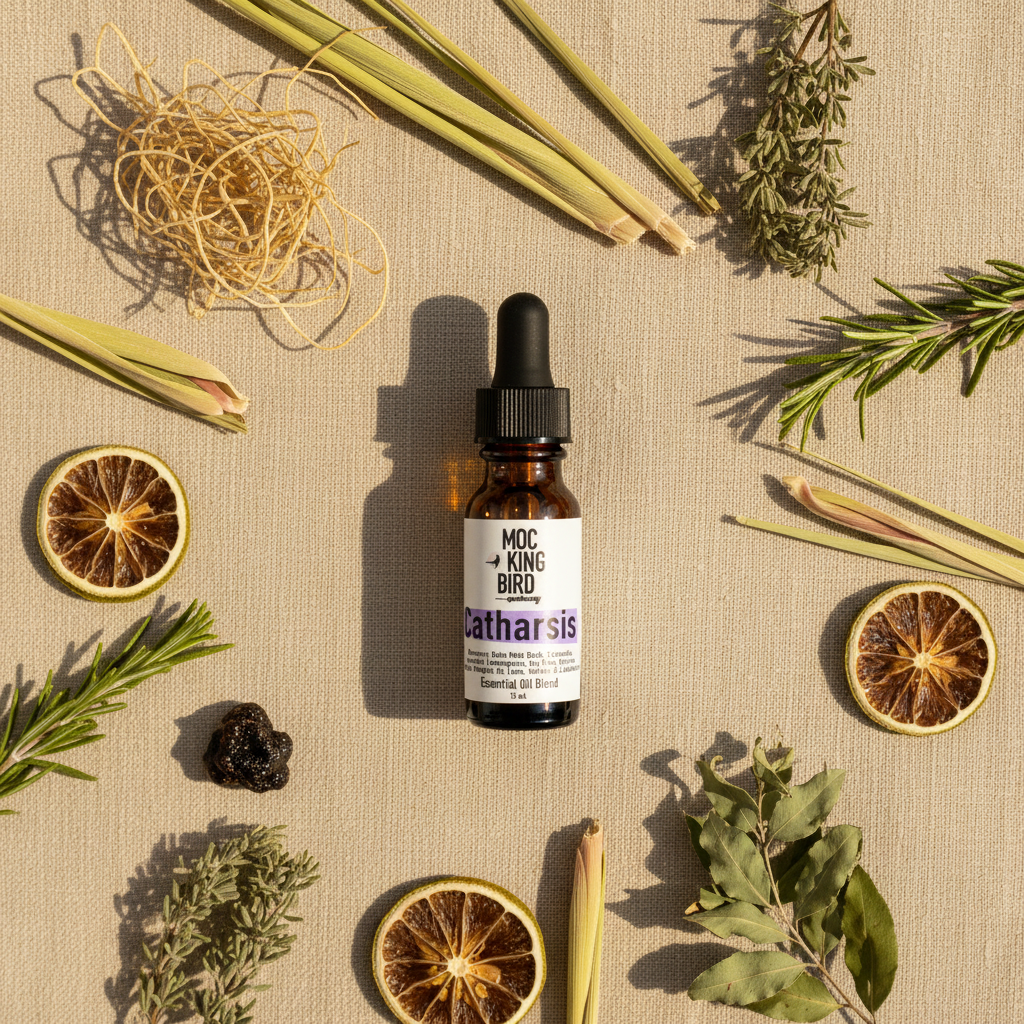 Catharsis Essential Oil Blend – flat lay on warm sand linen with vetiver, lemongrass, rosemary and labdanum